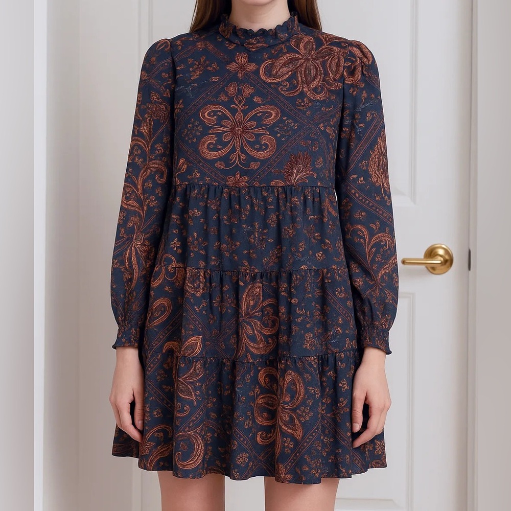 NWT True Craft Navy and Rust Long Sleeve Dress Size SMALL S
